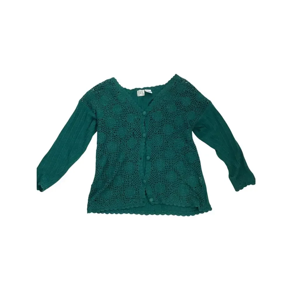 Vintage Ivy Silk Blend Crochet Cardigan Sweater | Teal Floral Open Knit | Medium